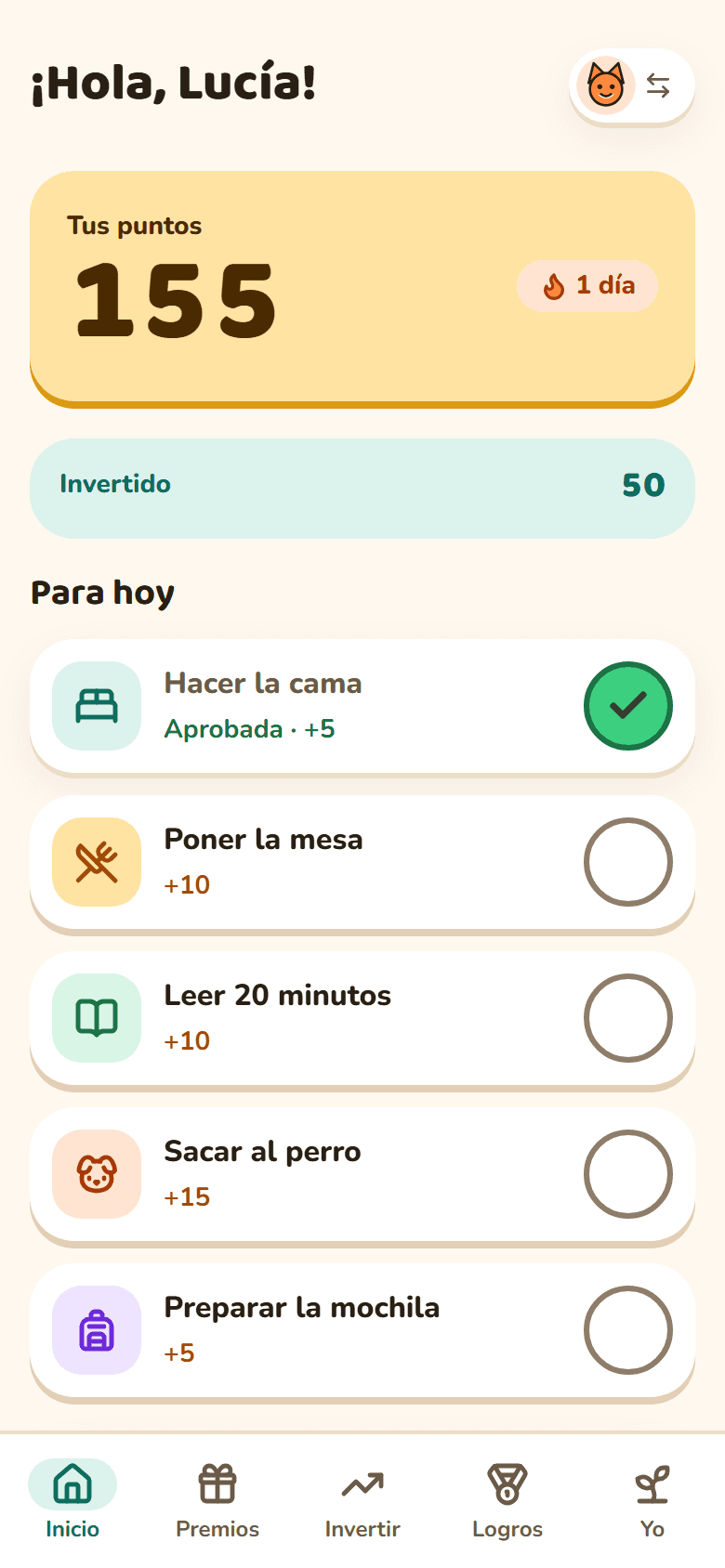 Captura de CreaTribu: pantalla de inicio de una niña